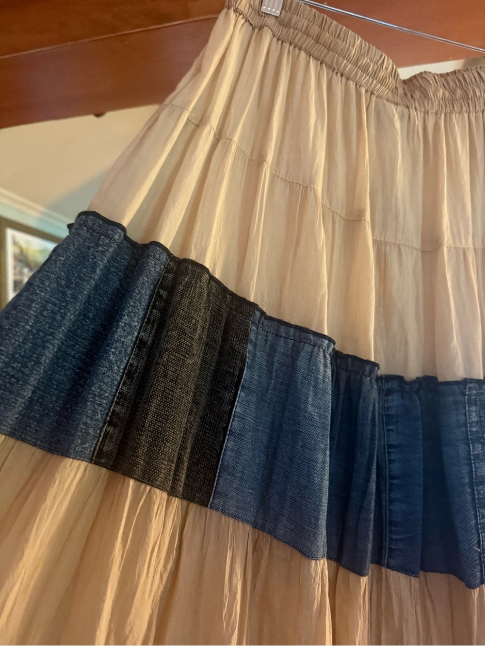 Women’s Tiered Beige and Navy Cotton Skirt - Picture 3 of 3